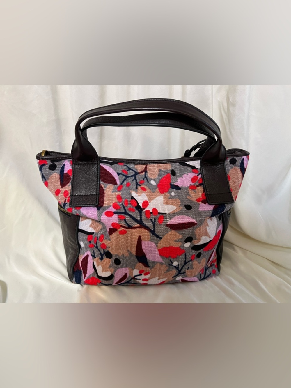 Fossil Floral Canvas Tote Bag with Dark Brown Trim